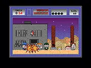 Wacky Weirdos on the run game screenshot: Player shooting at a horde of cartoon-style enemy characters in a city environment. Play the free online action shooter game.