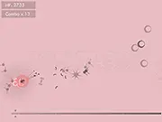Pixel game screenshot: Player's small ship shooting against several red and blue geometric shapes in an abstract shooter environment. Play the free online arcade game.