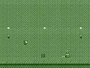 Screenshot of the retro platformer game Just Get the Cake, showing the hero Harry chasing a robot in a green 2D pixel art level.