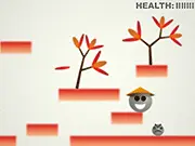 Omnigen game screenshot: Character jumping toward an angry blob on a platform, with abstract watercolor background art. Play the free online platformer game.