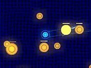 Screenshot of the Color Defense shooter game with vibrant neon glow graphics, featuring multiple colored weapons firing at geometric enemies