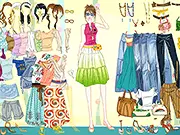 Screenshot of the Self-starter Girl dress-up game showing a young lady in a fashionable outfit standing in front of a clothing selection menu.