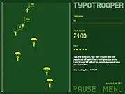 Typo Trooper game screenshot: Falling paratroopers with words displayed above their heads against a blue sky. Player must type to save them. Play the free online typing game.
