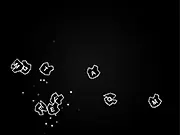 Screenshot of Typeroids online game showing a black space background with multiple asteroids, each having a letter or short word written on it