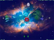 Screenshot of Clone Effect online game showing a spaceship dodging bullets while defending a base in a top-down arcade perspective