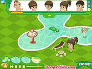 Screenshot of the free online decorating game Tropical Resort on PlayArcadeHub, showing a beautifully furnished, luxurious poolside area with palm trees and modern lounge chairs.