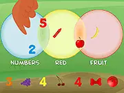 Pilar's Adventures Sorting with Hampshire educational game screenshot, sorting fruits, numbers, and animals by color