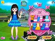 A screenshot of the Eva Little Girl Dress Up game showing the cute girl Eva standing in front of a wardrobe and cosmetics, ready for a makeover.