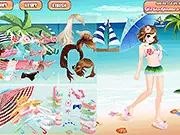 Sweet Bikini Dress Up game showing a model in a stylish patterned bikini, large sun hat, and sunglasses on a sunny beach background