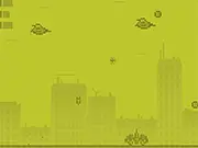A retro, dot-matrix styled game screen showing a small spaceship shooting upwards at falling meteors and bombs in the free online arcade game Dot-Matrix Shooter 2