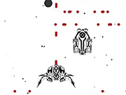 A retro, black-and-white screenshot from the space shooter game Space Madness Flash, showing a small player spaceship surrounded by a large number of enemy spacecraft