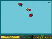 The bee character holding the yellow flower while being chased by two red ladybugs in the free online sports game Buzz Off