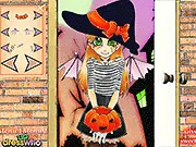 Screenshot of Trick or Treat Dress Up game showing a cute anime girl wearing a Halloween costume and holding candy