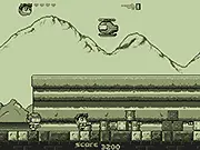 A black-and-white screenshot from the retro shooter game Time Chaos, showing a secret agent character running and shooting at multiple enemy figures in a 90s GameBoy style