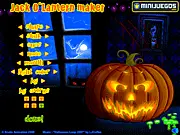 Jack O' Lantern Maker game screenshot, showing a customized Halloween pumpkin with a scary face, glowing inner light, and spooky background details