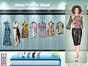Screenshot of Africa Fashion Week dress up game showing a model wearing a vibrant African-style outfit and accessories