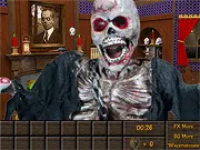 Haunted Halloween Escape game scene showing a dark, spooky room with a desk and mysterious objects, ready for a player to solve a puzzle.