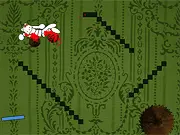 Gameplay screenshot of Drop Dead Extended Edition showing a small brown teddy bear ragdoll falling dramatically toward a series of rotating spikes and hazards.