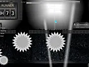 Gameplay screenshot of ExitPath showing a stick figure running and jumping over a series of spinning saw blades and collapsing platforms in a brightly colored level.