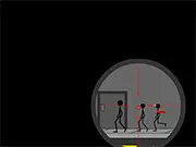 Gameplay screenshot from Smoking Kills sniper game showing a stickman character through a sniper scope, with cryptic text and a hidden clickable object visible in the background.