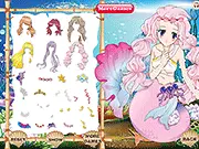 Mermaid Model Dressup free online game, featuring a fantasy dress-up screen with hair, tails, and accessories for an underwater fashion model.