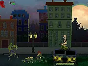 Screenshot from the EEville: Undead Shooter game showing the player character fighting off a horde of terrifying zombies on a dark, Halloween night
