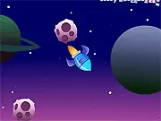 Screenshot of the Rocket Dodge free online game showing a small rocket navigating a space field filled with large, bouncing asteroids.
