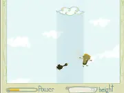 Icarus! free online arcade game screenshot, showing the character flying near clouds and chickens.