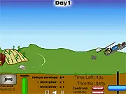 A small flying contraption dropping an explosive bomb onto a group of hungry, green monsters in the free online game Herbivore.