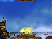 The game Sky Defender - Joe's Story showing a large defensive cannon positioned on the ground firing a projectile towards multiple gray enemy blimps and flying vehicles in the blue sky.