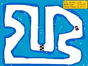 Winter Rally Time Trial game screen showing a small rally car driving quickly on a snowy and icy race track