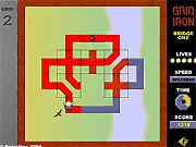 Screenshot of Grid Iron puzzle game showing a grid with various scattered pipe pieces that need to be rotated and connected to form a single line