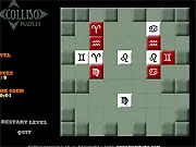 Screenshot of Colliso Puzzles showing blue and red tiles on a grid just before a strategic collision to clear the board