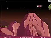 Retro 8-bit screenshot from Escape from Cumba showing a pixelated spaceship landing on a base platform against a dark, starry background on PlayArcadeHub