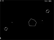 The game Asteroid Revenge Enhanced showing a large, gray asteroid in the center of the screen, dodging colorful laser fire from multiple small, attacking enemy spaceships in a dark, starry backdrop.
