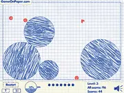 A growing blue circle surrounded by dangerous red bouncing balls in the minimalist Pencircle online puzzle game