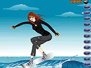 Jayne dressed in a fashionable surfing outfit with a surfboard on a sunny beach in the free online game