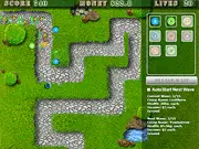 Free online gameplay screenshot of Tower Defence War, showing multiple defensive turrets firing at enemy units on a winding path