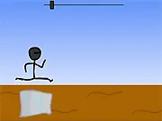 The NinjaCow character, a cow dressed as a ninja, jumping and dodging various obstacles like blocks and rocks in the fast-paced skill game