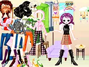 Screenshot of A Small Rocker Dressup game showing a stylish girl in rock 'n' roll clothing with a guitar on PlayArcadeHub