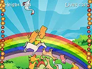 Screenshot of Animal Stackers game showing a tall, precarious tower of stacked cartoon animals.