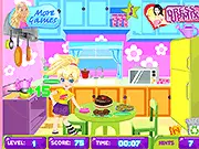 Messy room after a party with scattered items, showing the cleanup challenge in the free online game Polly Party Cleanup