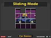 Screenshot of Halloween Car Puzzle game showing fragmented pieces of a spooky car image, a free online jigsaw puzzle.