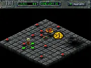 The character navigating a dark cave system, surrounded by large glowing TNT barrels and explosive hazards in the TNT Runner online game.