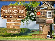 Design Your Own Tree House Scene free online creation game screenshot showing a customized tree house scene with various trees, a unique house design, and decorative extras like a swing.