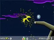 Pterodactyl flying over a forest, collecting glowing eggs and avoiding cartoon insects in the online game Dino Soars!