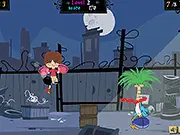 Screenshot of Team Work free online co-op game, showing two characters working together to grab a special egg and run towards a ticking bomb.