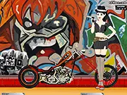 Screenshot of Aleesha Gangster Girl online dress-up game showing the character and her customized motorcycle; free online fashion and customization game