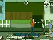Screenshot of Dead Town game showing a character fighting off a horde of zombies in a ruined city street.