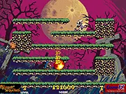 Gameplay screenshot from Nightmare in the Dark, showing the monster hunter character trapping a bat-like enemy in a fireball on a dark platform.